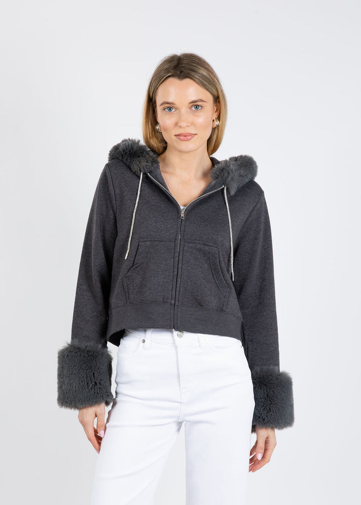 Suzy T Crop Zippy Sweater With Fur in Grey available at Barbara Katz