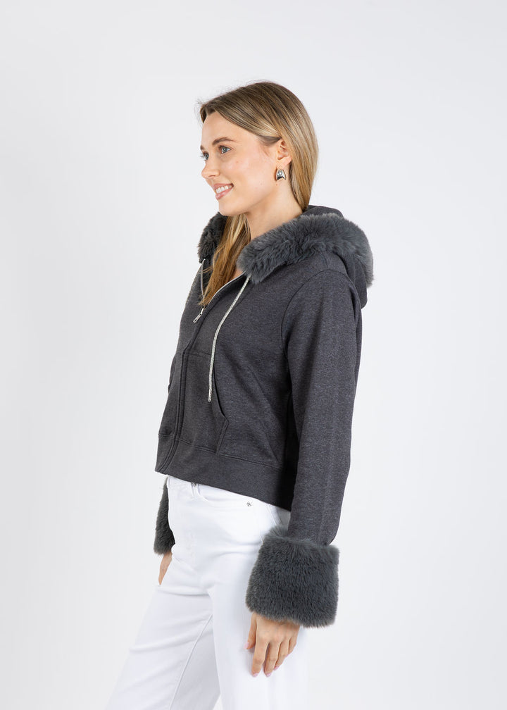 Suzy T Crop Zippy Sweater With Fur in Grey available at Barbara Katz