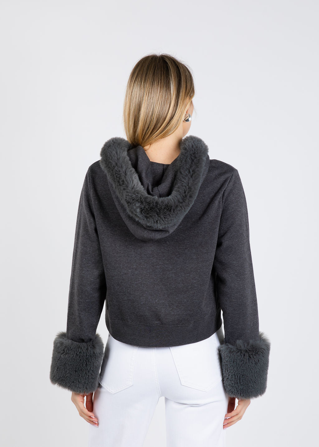 Suzy T Crop Zippy Sweater With Fur in Grey available at Barbara Katz