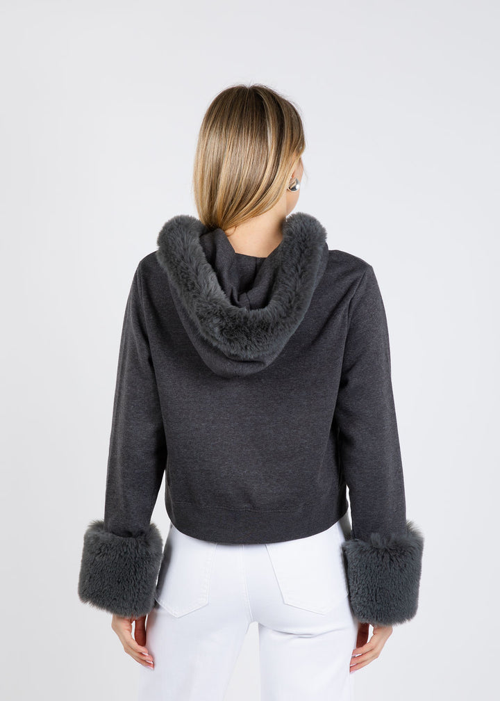 Suzy T Crop Zippy Sweater With Fur in Grey available at Barbara Katz
