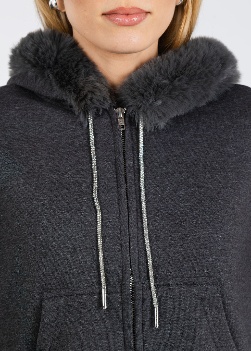 Suzy T Crop Zippy Sweater With Fur in Grey available at Barbara Katz