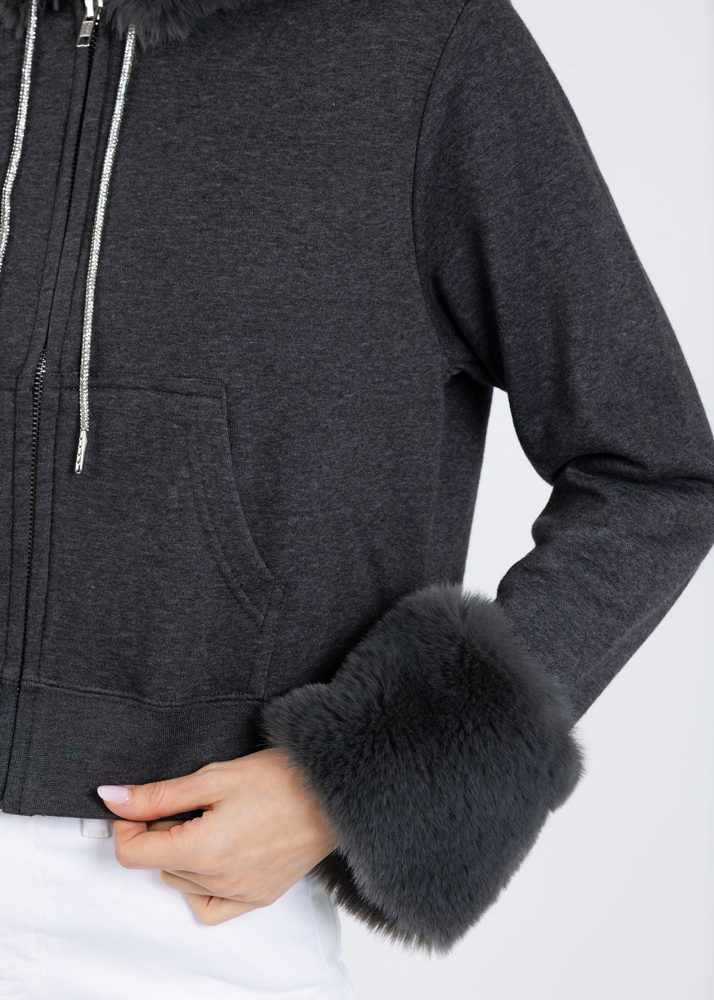 Suzy T Crop Zippy Sweater With Fur in Grey available at Barbara Katz