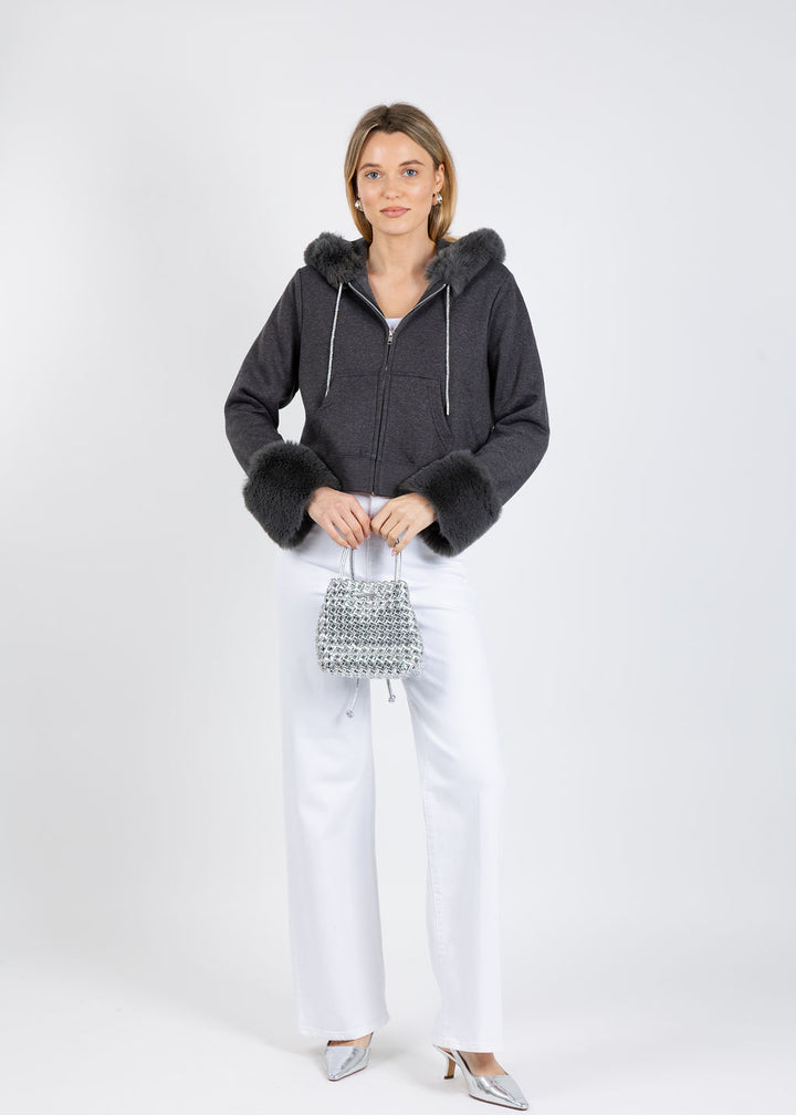 Suzy T Crop Zippy Sweater With Fur in Grey available at Barbara Katz