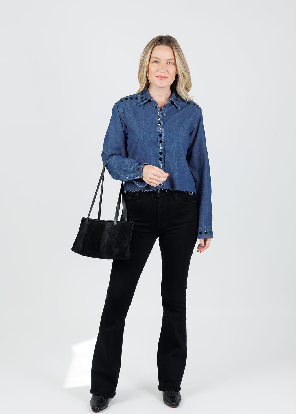 Suzy T Cropped Studs Denim Shirt in Denim/Black available at Barbara Katz