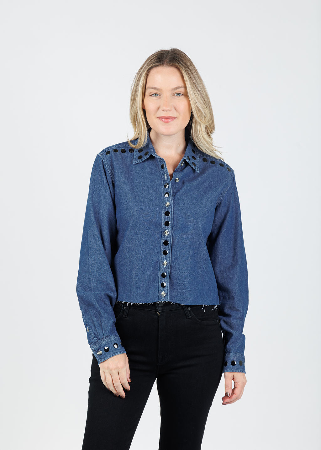 Suzy T Cropped Studs Denim Shirt in Denim/Black available at Barbara Katz