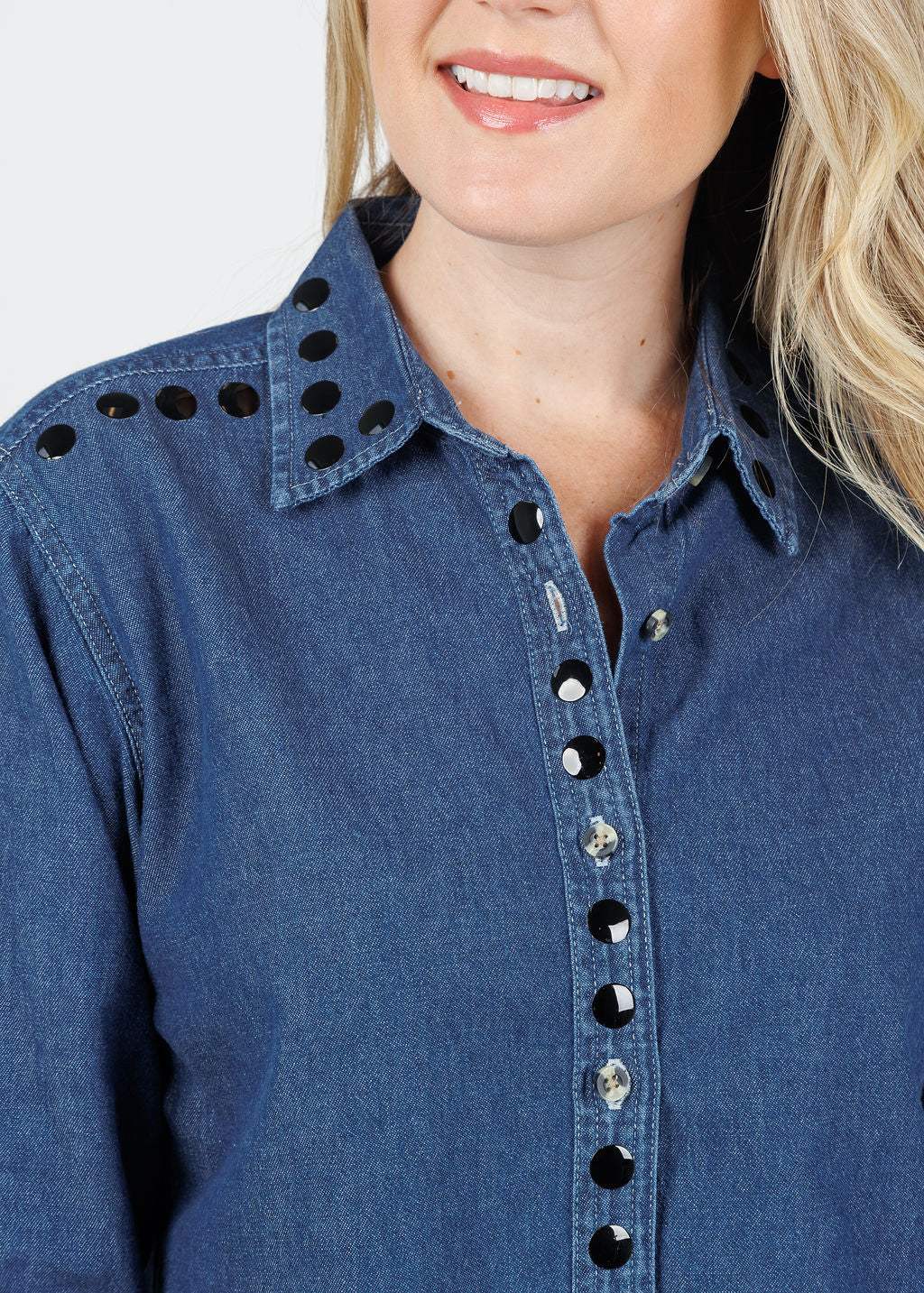 Suzy T Cropped Studs Denim Shirt in Denim/Black available at Barbara Katz