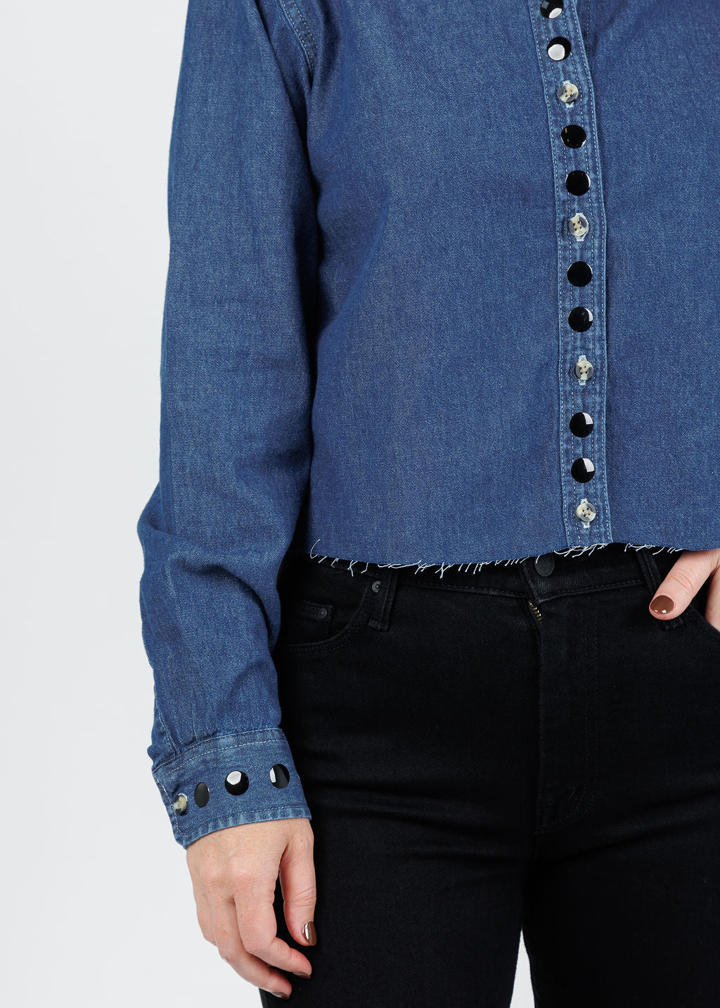 Suzy T Cropped Studs Denim Shirt in Denim/Black available at Barbara Katz
