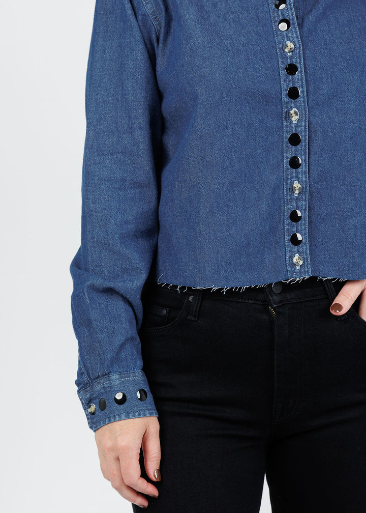 Suzy T Cropped Studs Denim Shirt in Denim/Black available at Barbara Katz