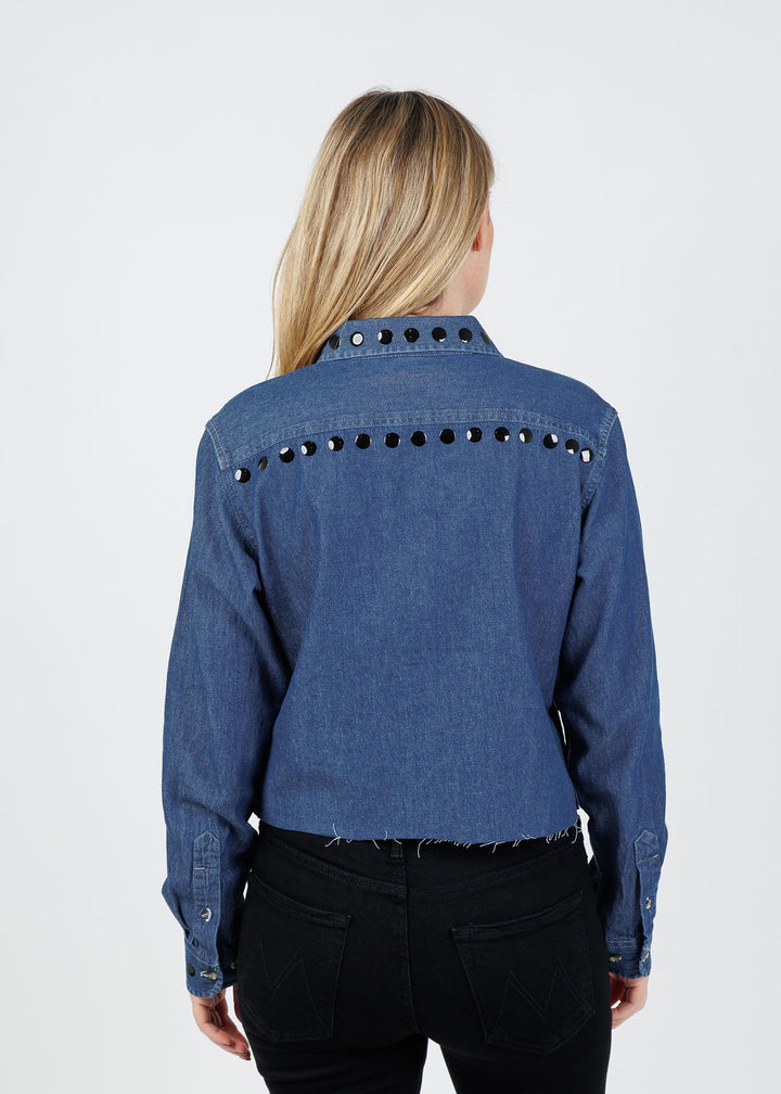 Suzy T Cropped Studs Denim Shirt in Denim/Black available at Barbara Katz
