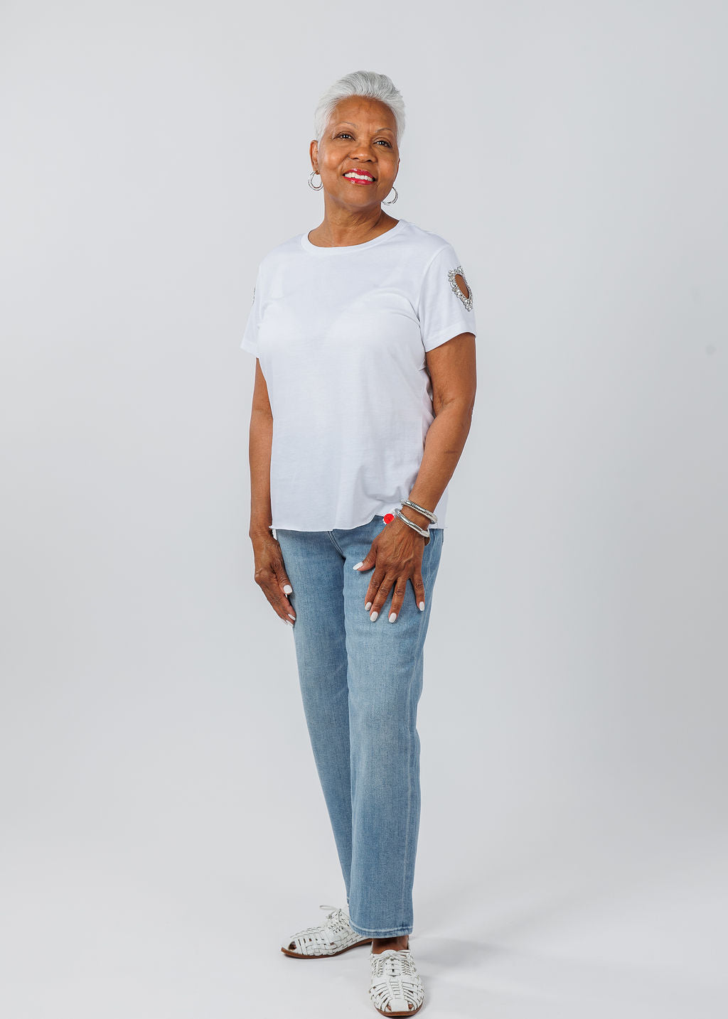 Suzy T Cut Out Sleeve Heart Top in White available at Barbara Katz