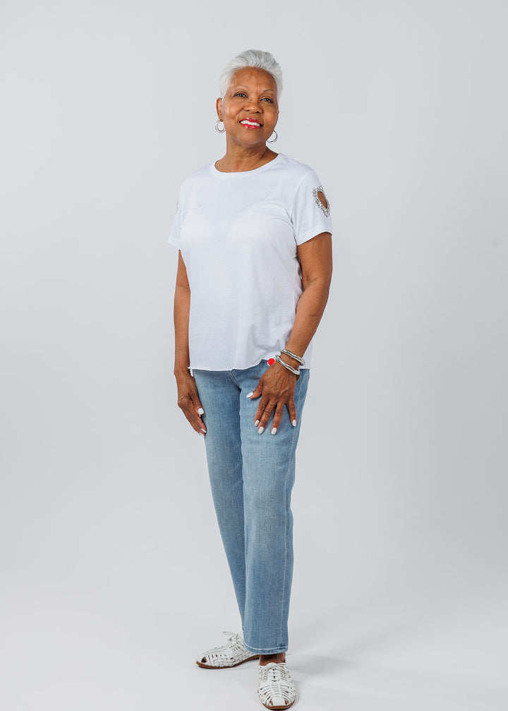 Suzy T Cut Out Sleeve Heart Top in White available at Barbara Katz