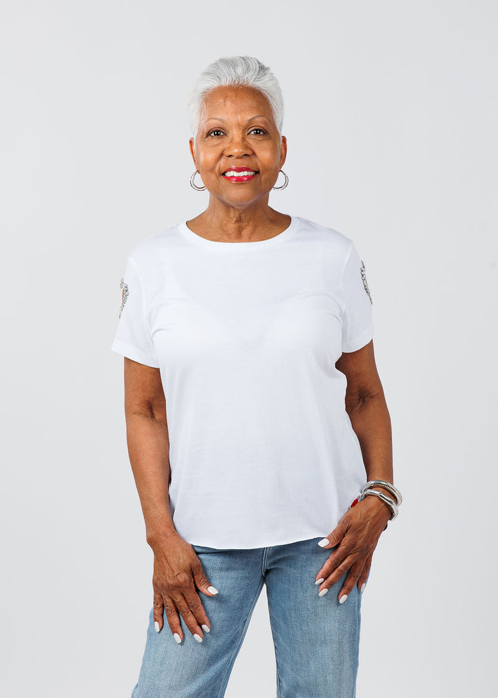 Suzy T Cut Out Sleeve Heart Top in White available at Barbara Katz