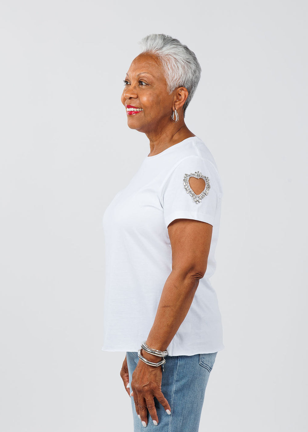 Suzy T Heart Cut Out Sleeve Top in White available at Barbara Katz