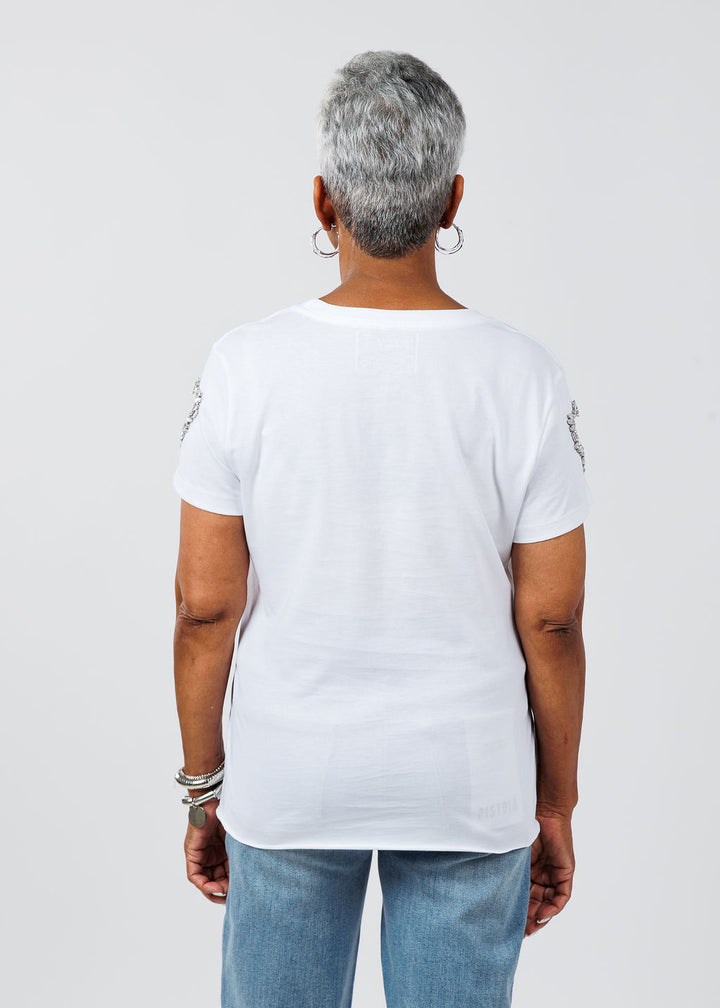 Suzy T Heart Cut Out Sleeve Top in White available at Barbara Katz