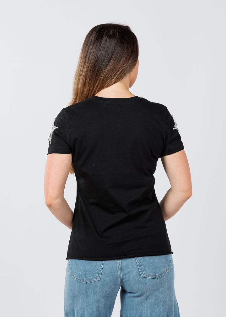 Suzy T Stars Cut Out Sleeve Top in Black available at Barbara Katz