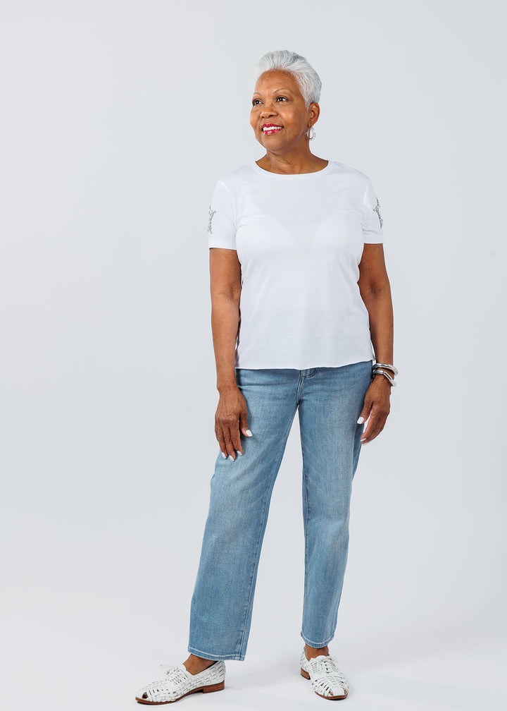 Suzy T Stars Cut Out Sleeve Top in White available at Barbara Katz
