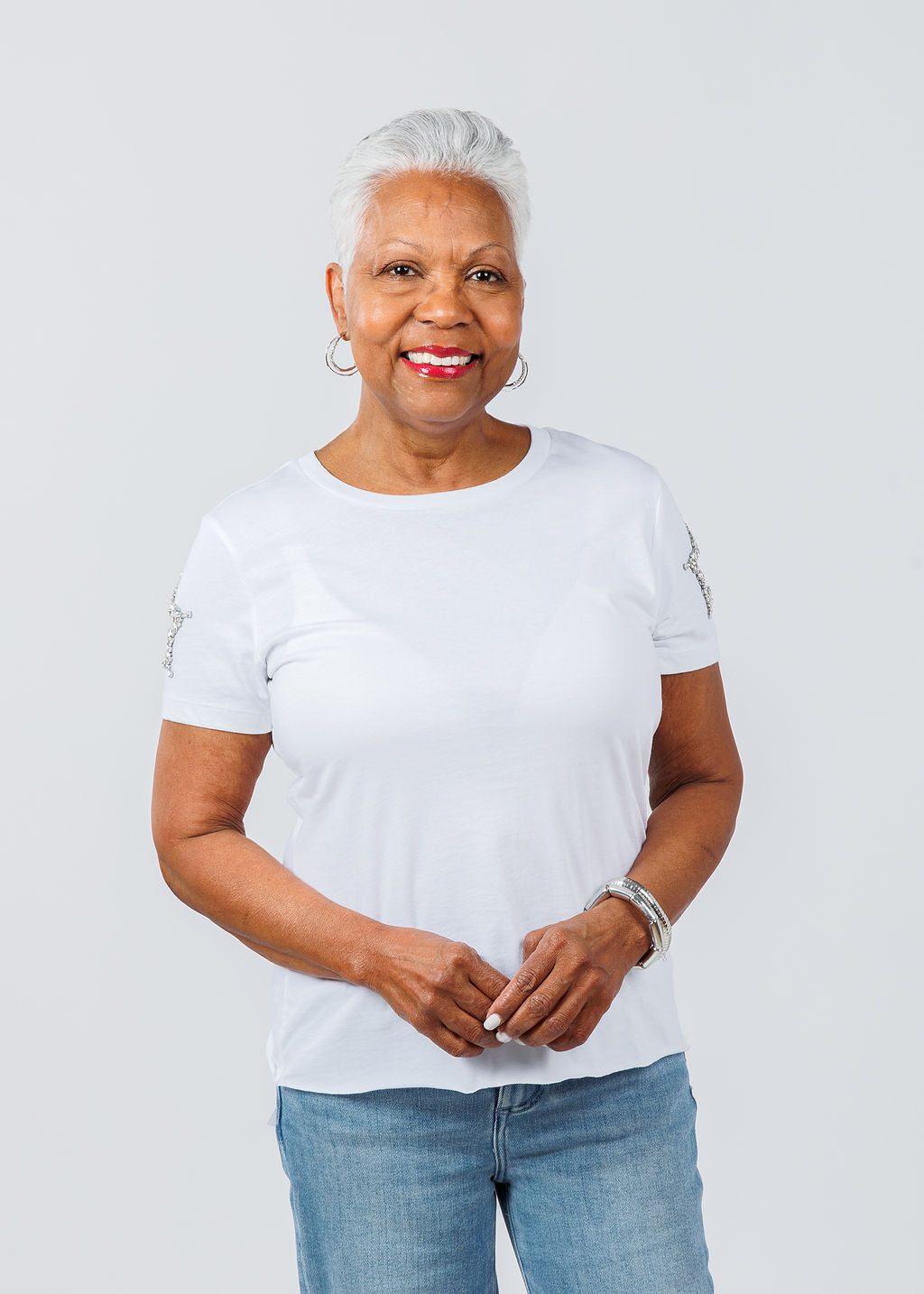 Suzy T Stars Cut Out Sleeve Top in White available at Barbara Katz