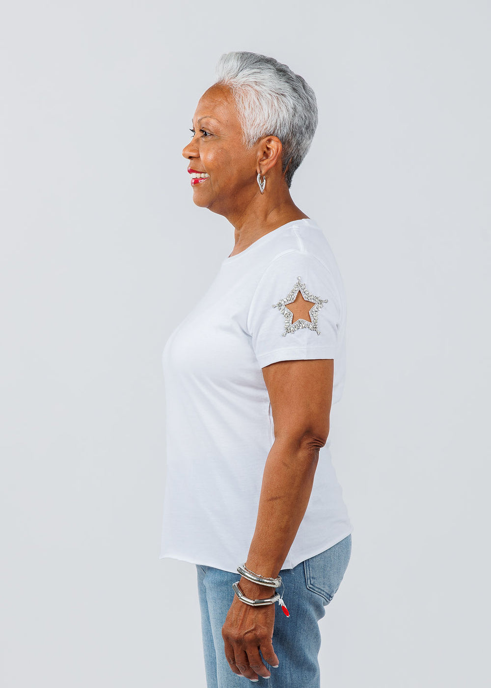 Suzy T Stars Cut Out Sleeve Top in White available at Barbara Katz