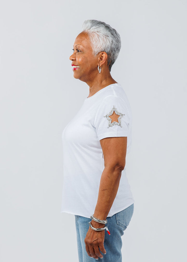Suzy T Stars Cut Out Sleeve Top in White available at Barbara Katz