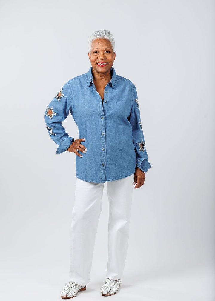 Suzy T Stars Cut Out Denim Shirt paired with Citizens of Humanity Palma Straight Pants in Soft White available at Barbara Katz