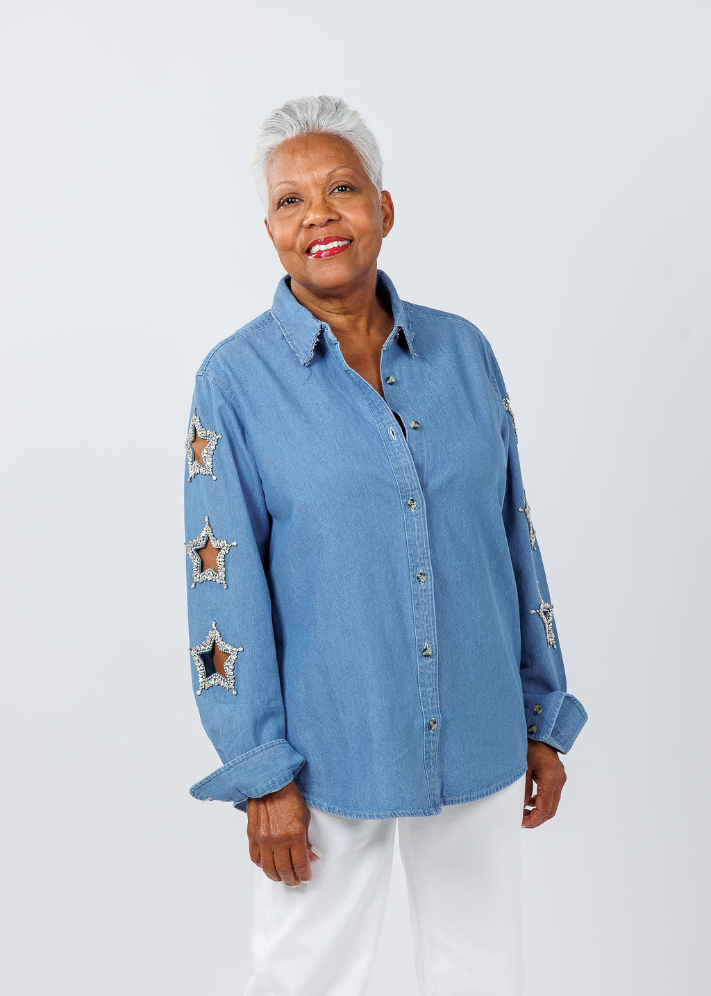 Suzy T Stars Cut Out Denim Shirt available at Barbara Katz