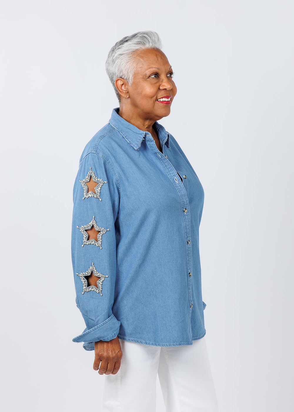 Suzy T Stars Cut Out Denim Shirt available at Barbara Katz