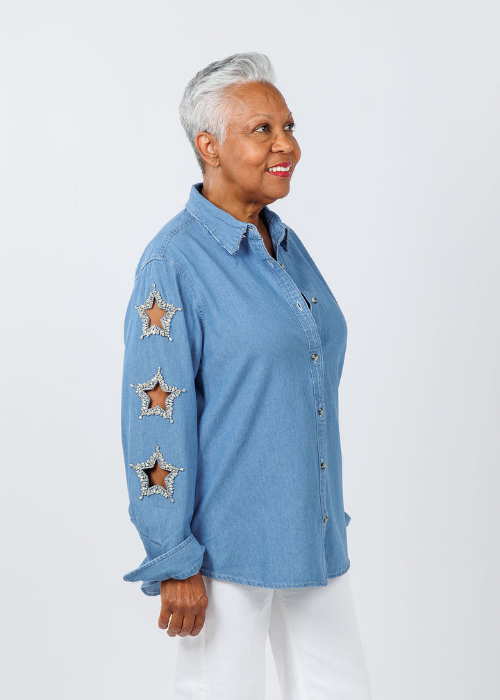 Suzy T Stars Cut Out Denim Shirt available at Barbara Katz