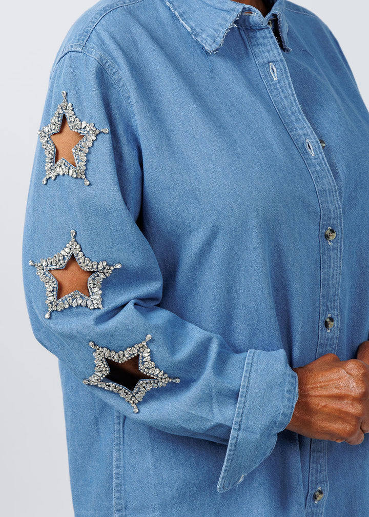 Suzy T Stars Cut Out Long Sleeve Denim Shirt available at Barbara Katz