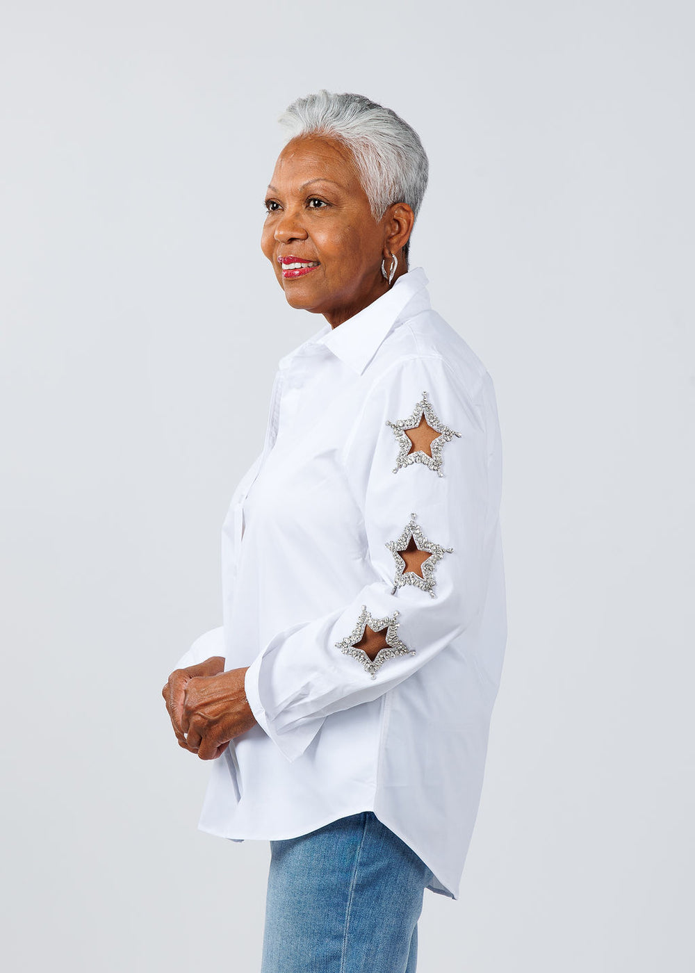 Suzy T Stars Cut Out Long Sleeve Shirt in White available at Barbara Katz