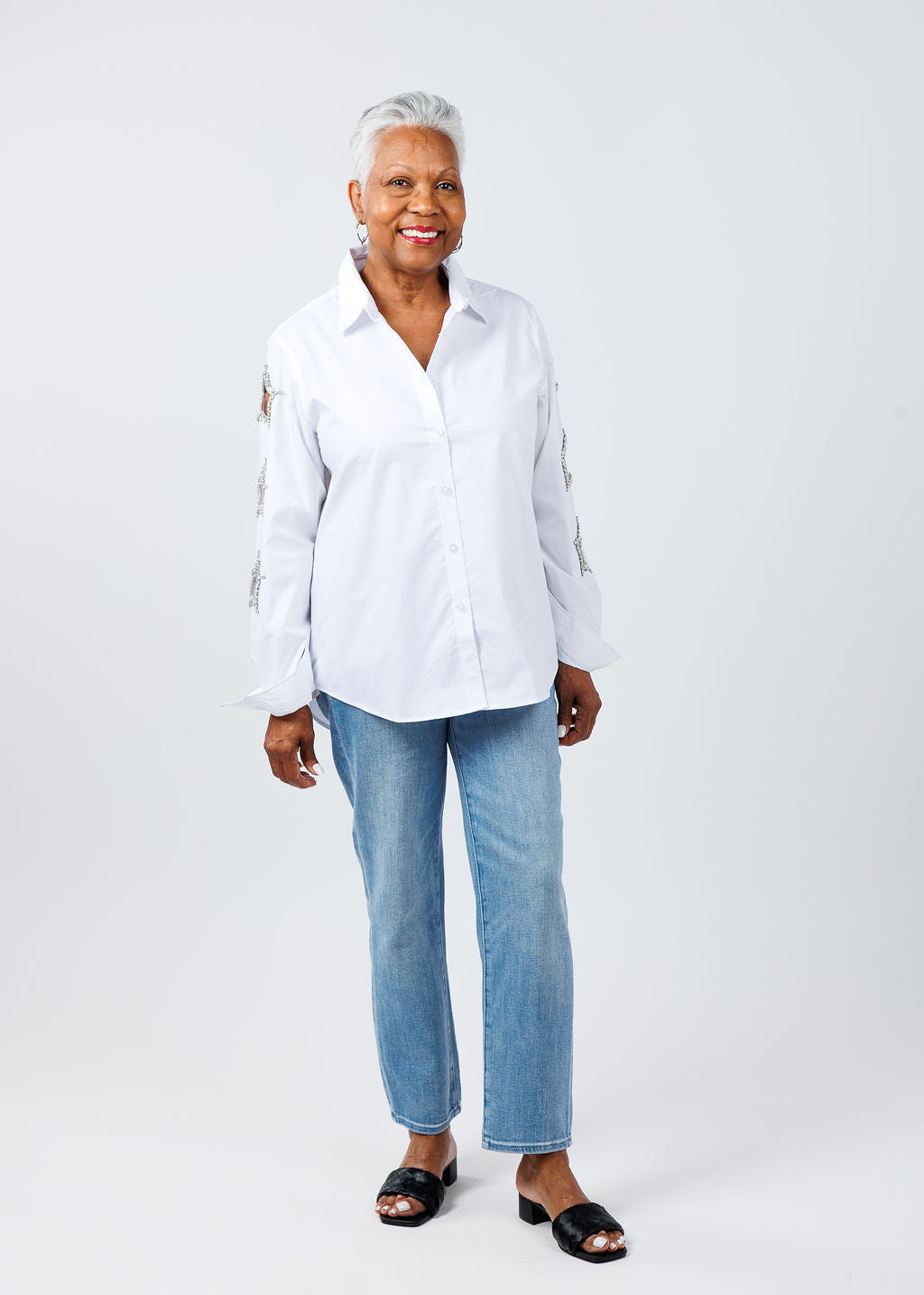 Suzy T Stars Cut Out Shirt in White available at Barbara Katz