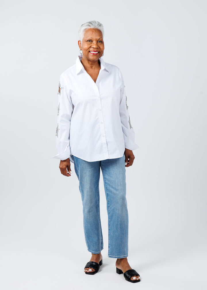 Suzy T Stars Cut Out Shirt in White available at Barbara Katz