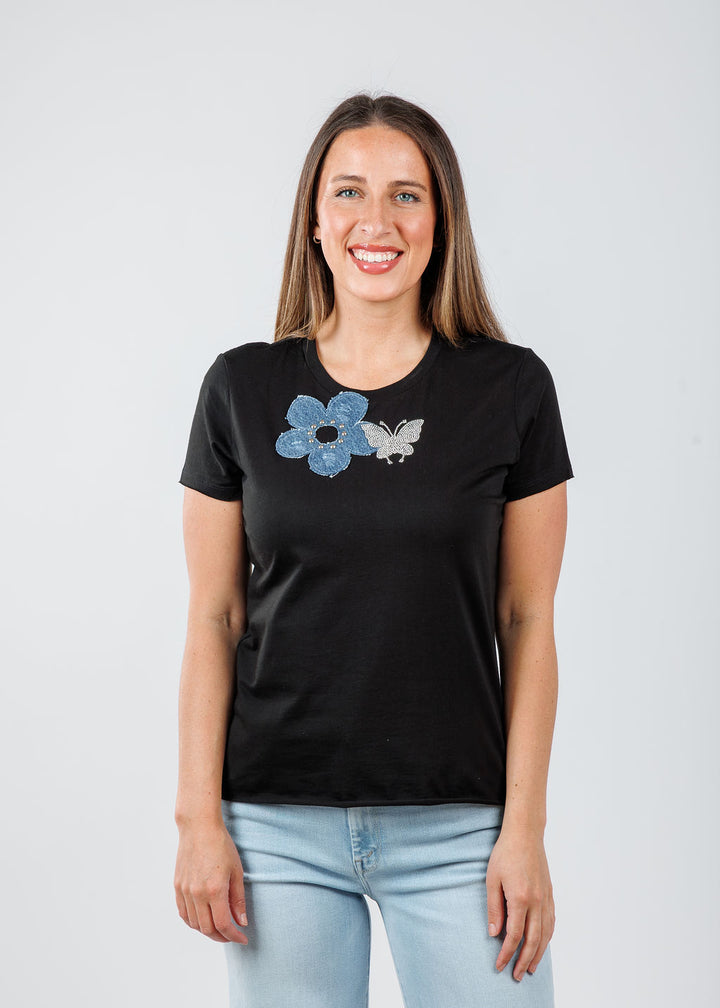 Suzy T Darly Flower + Butterflies Top in Black available at Barbara Katz