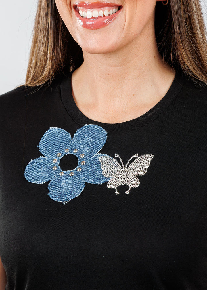 Suzy T Darly Flower + Butterflies Top in Black available at Barbara Katz
