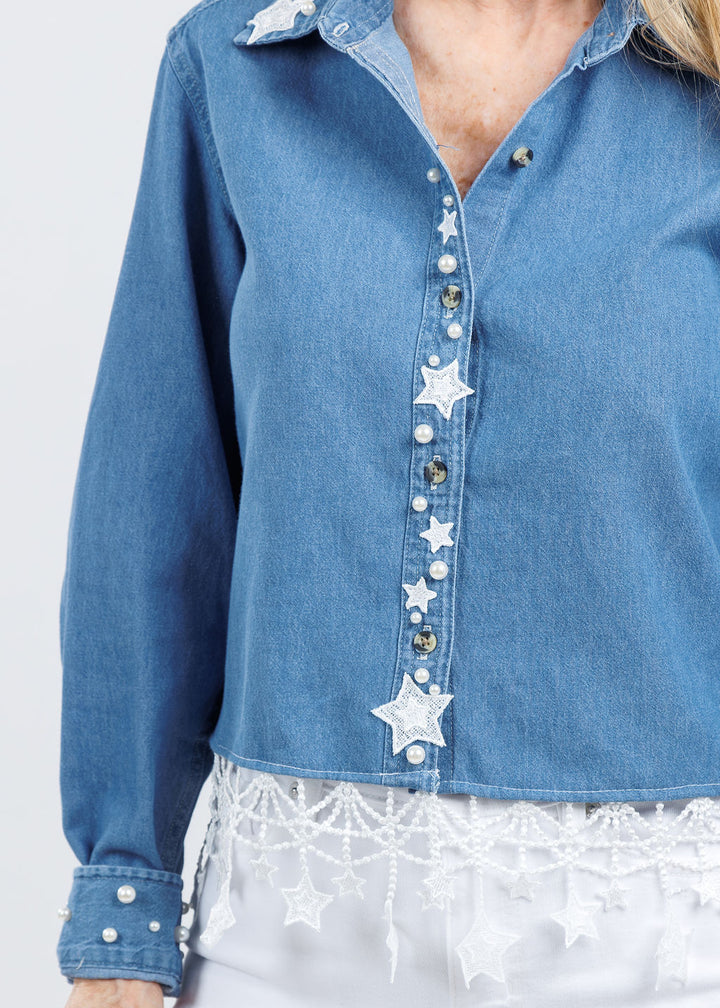 Suzy T Denim Stars & Pearls Shirt available at Barbara Katz