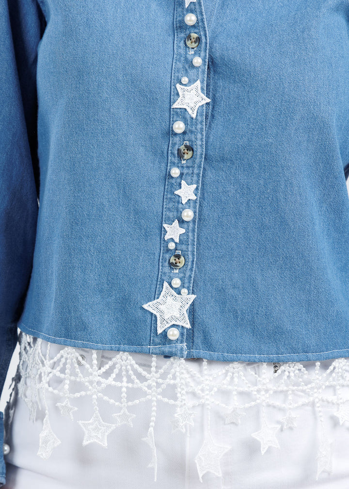 Suzy T Denim Stars & Pearls Shirt available at Barbara Katz