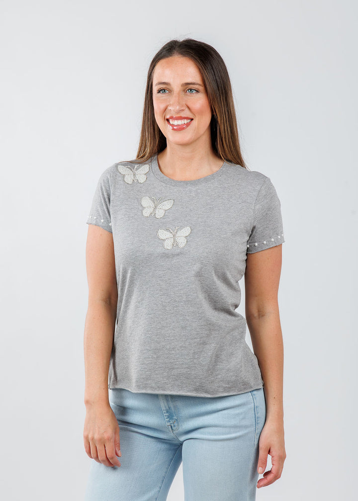 Suzy T Fay Butterflies Top in Light Grey available at Barbara Katz
