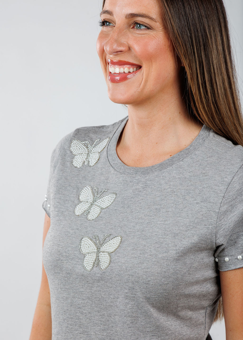 Suzy T Fay Butterflies Top in Light Grey available at Barbara Katz
