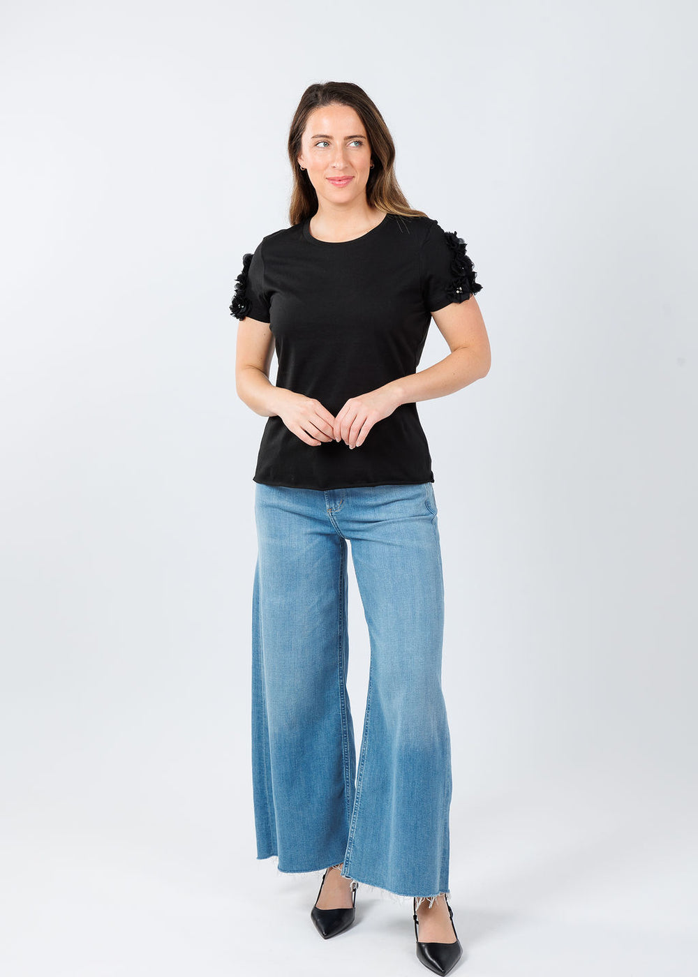 Suzy T Flower Tee in Black paired with Citizens of Humanity Lyra Crop Wide Leg Jeans in Bhodi available at Barbara Katz