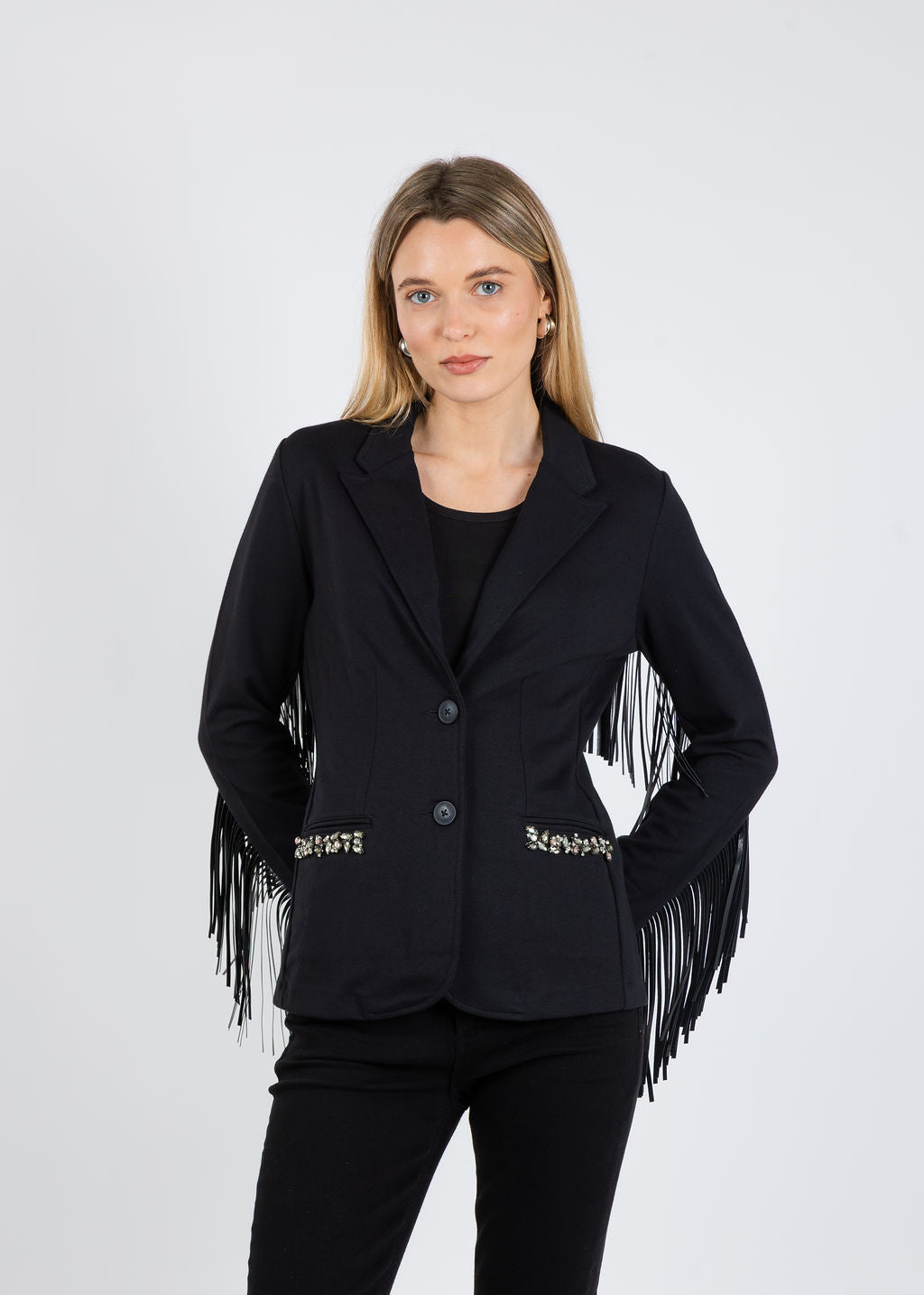 Suzy T Blazer With Fringe in Black available at Barbara Katz