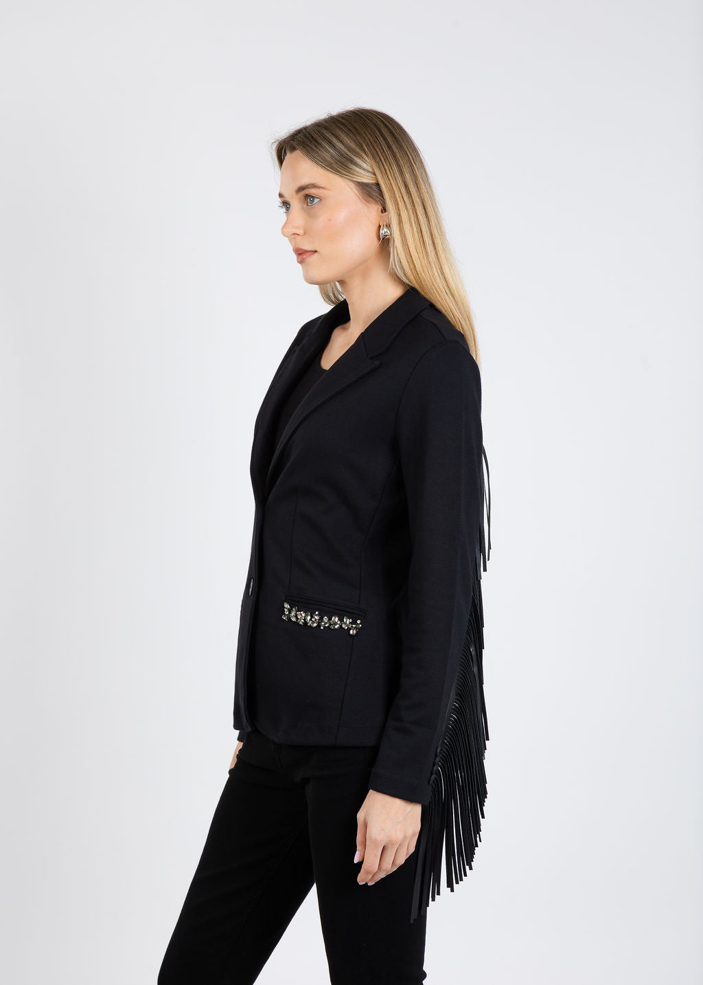 Suzy T Blazer With Fringe in Black available at Barbara Katz