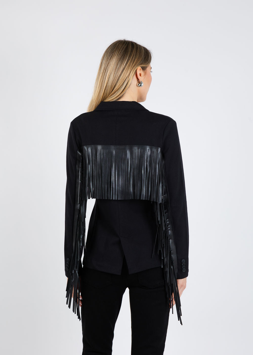 Suzy T Blazer With Fringe in Black available at Barbara Katz