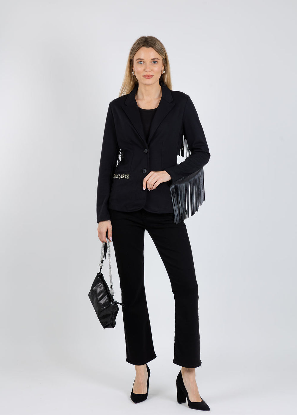 Suzy T Blazer With Fringe in Black available at Barbara Katz