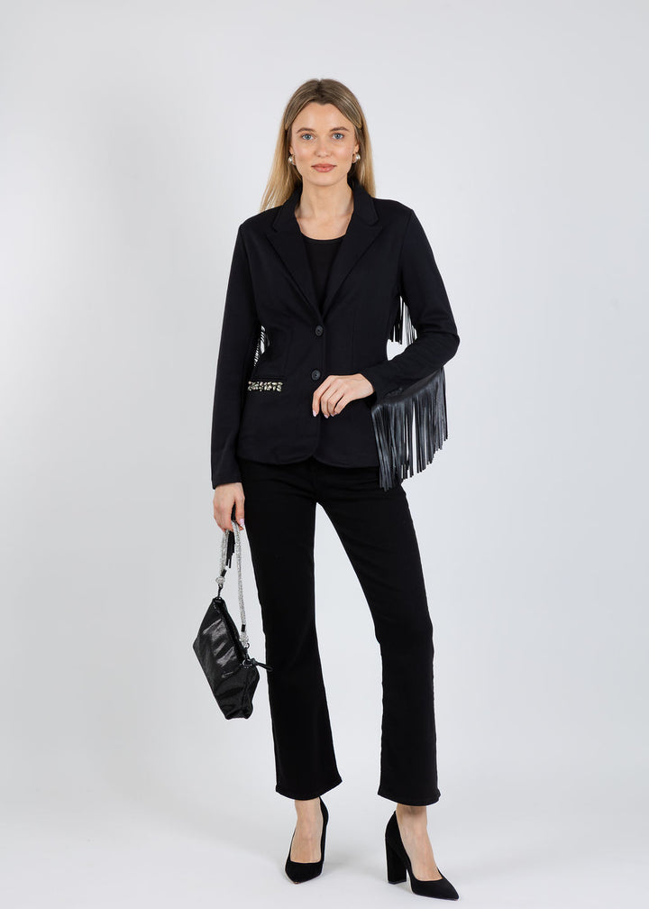 Suzy T Blazer With Fringe in Black available at Barbara Katz