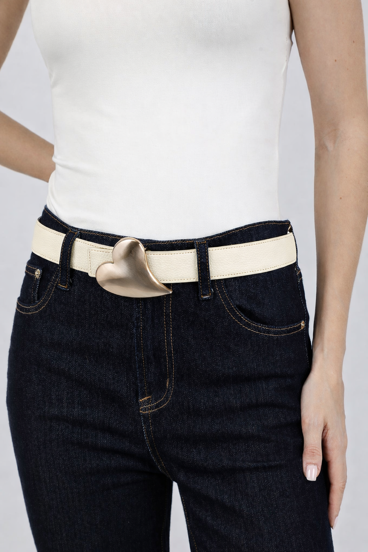 Suzy T Heart Buckle Belt in Cream/Black available at Barbara Katz