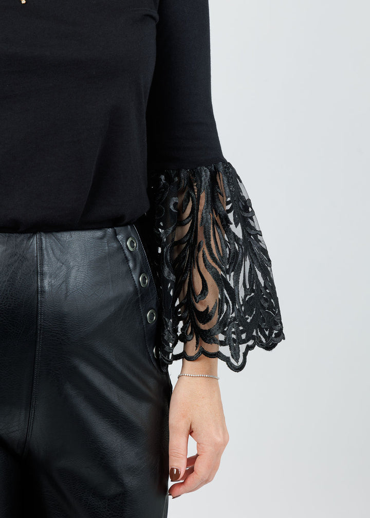 Suzy T Jade Lace Cuff Top in Black available at Barbara Katz