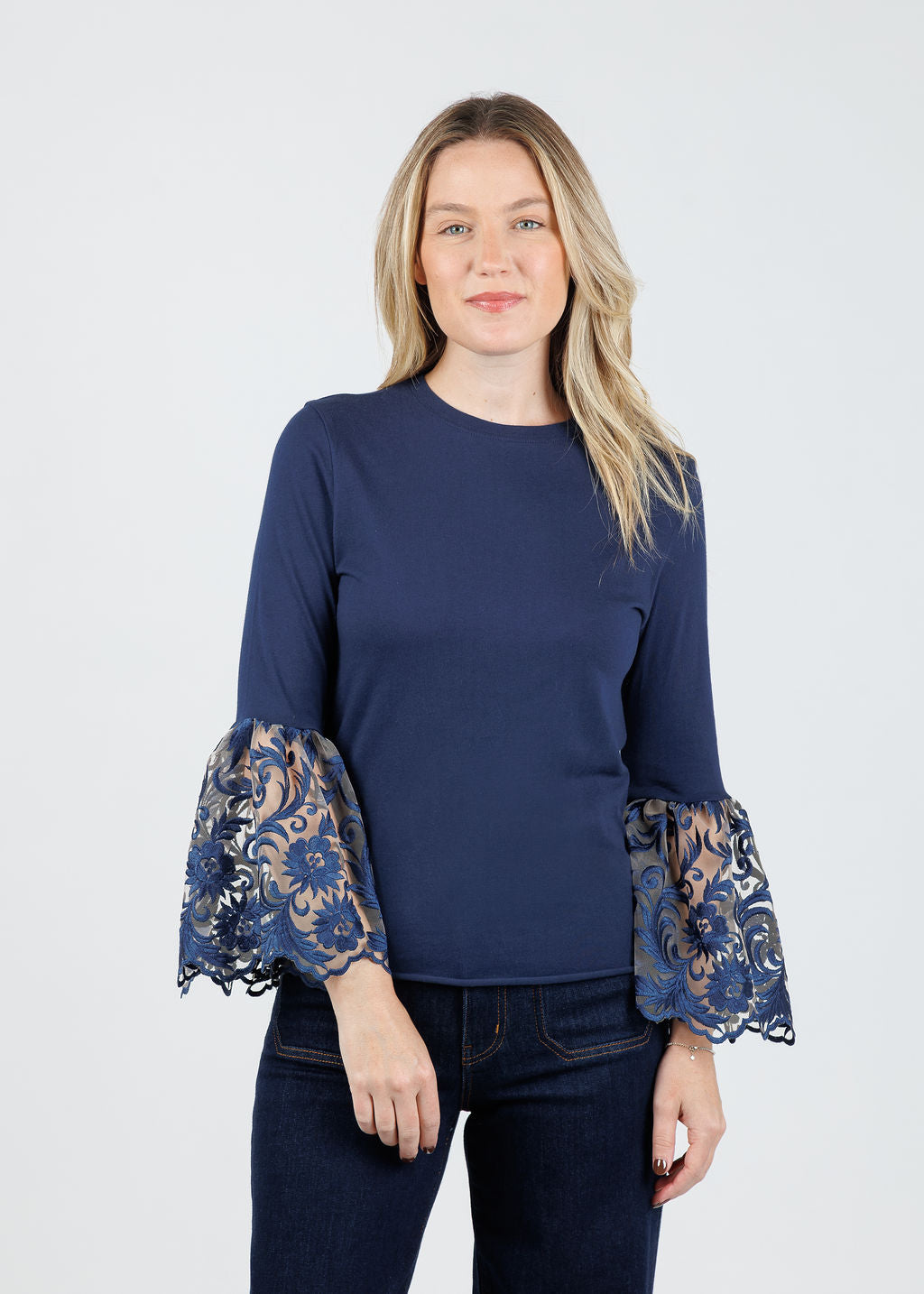 Suzy T Jade Lace Cuff Top in Navy available at Barbara Katz