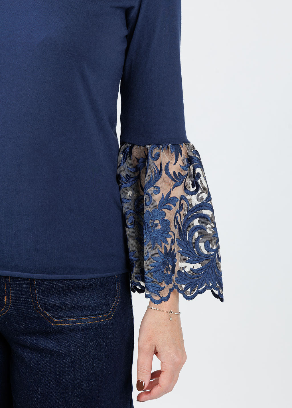 Suzy T Jade Lace Cuff Top in Navy available at Barbara Katz