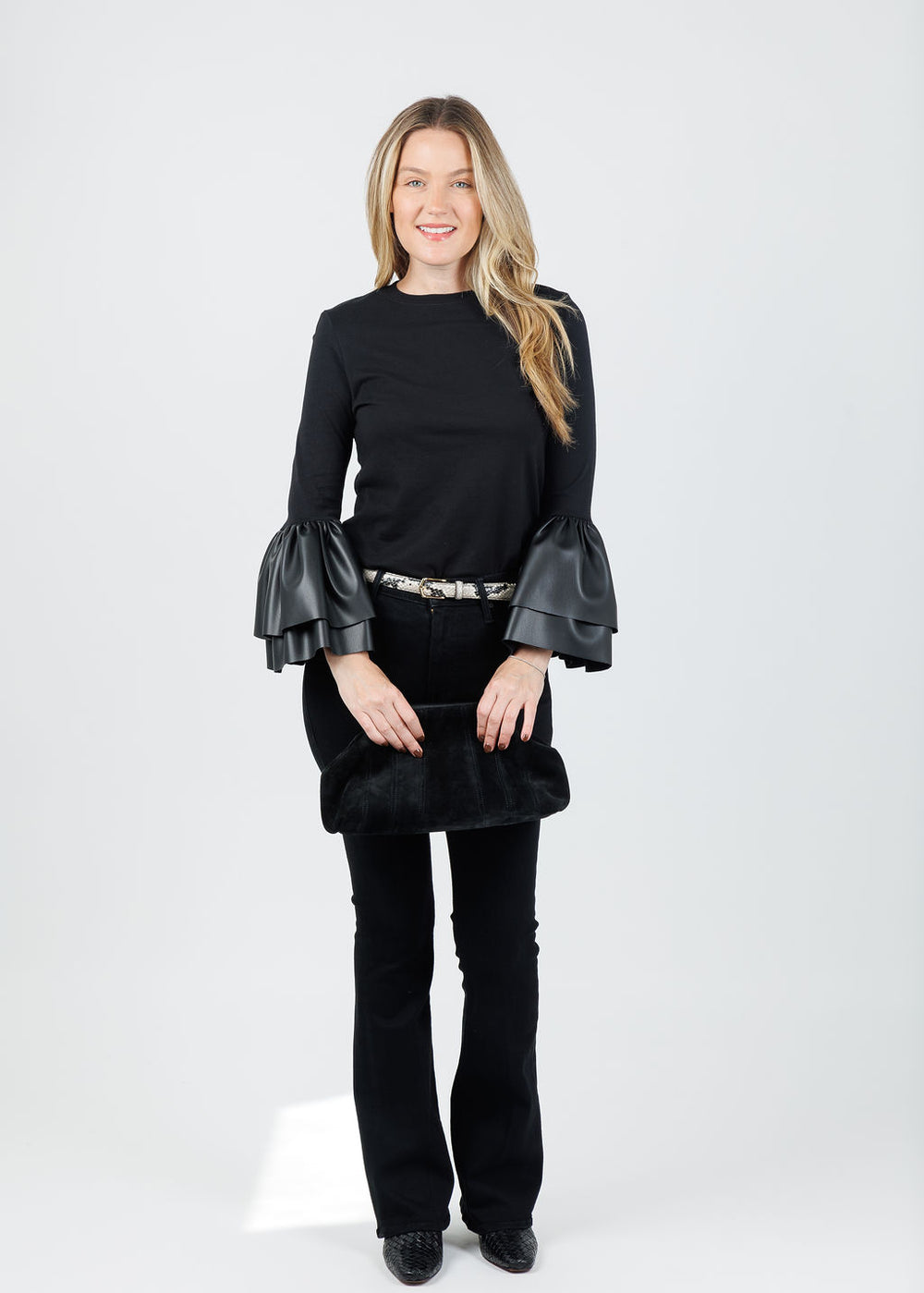 Suzy T Jade Vegan Leather Cuff Top in Black with B-Low the Belt Rowe Suede Clutch in Black available at Barbara Katz