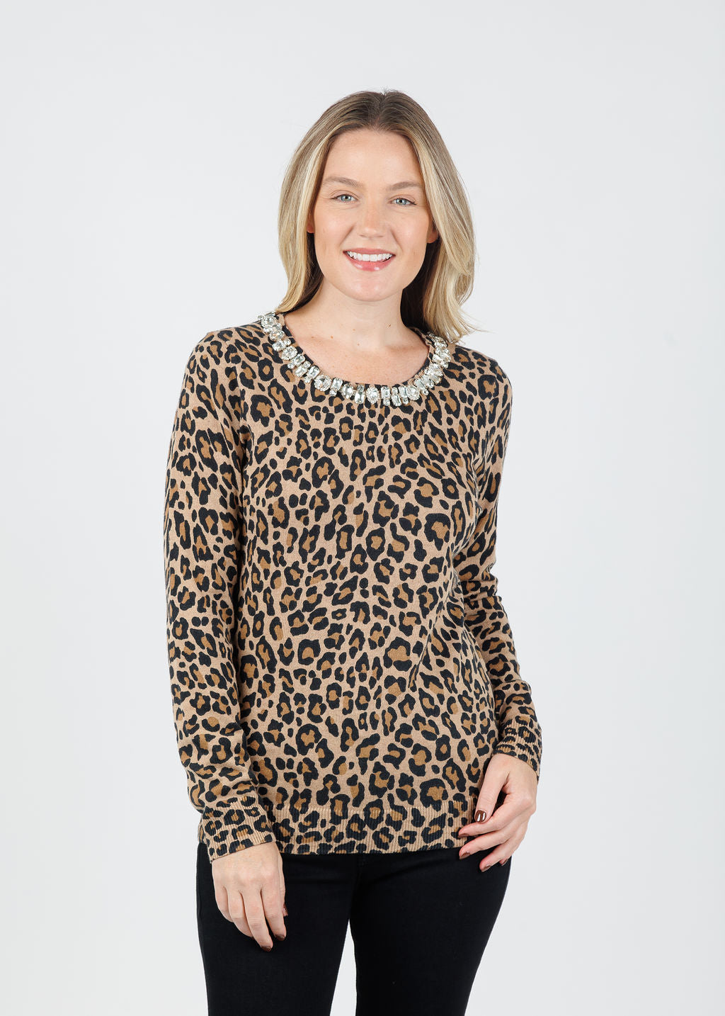 Suzy T Leopard Jewels Sweater in Leo available at Barbara Katz