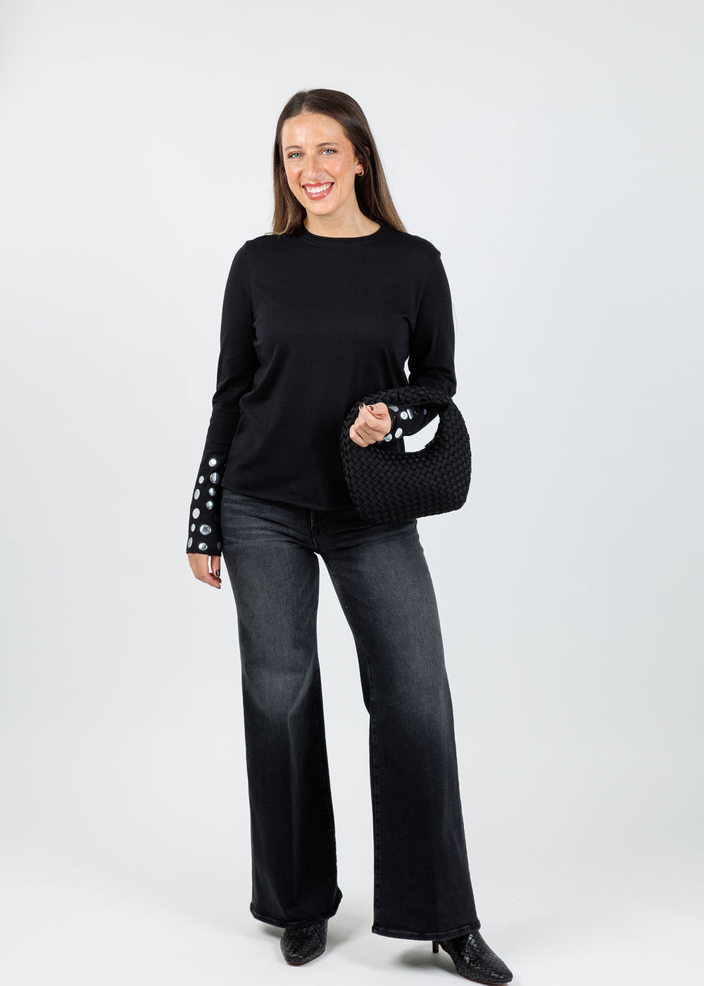 Suzy T Long Sleeve Silver Stud T-Shirt in Black available at Barbara Katz